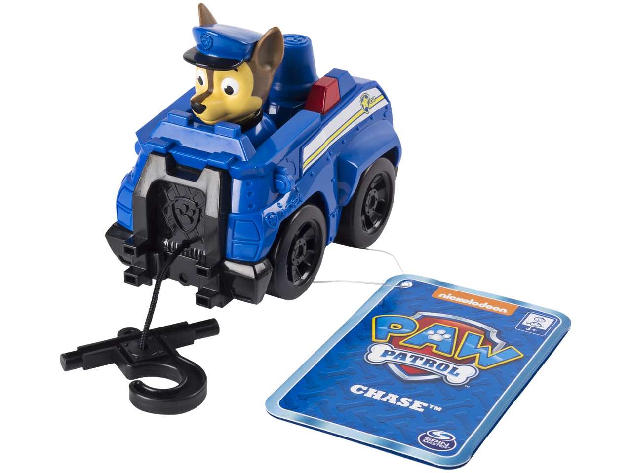 Brinquedo PAW PATROL Chase com veículo azul e gancho de reboque.