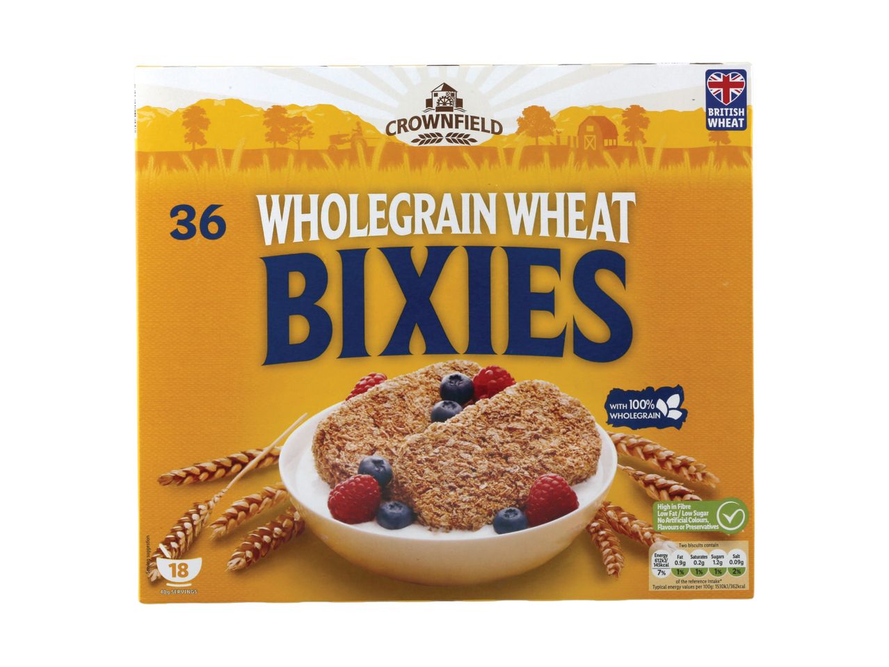 Crownfield Wholegrain Wheat Bixies cereal box, 36 biscuits, with 100% wholegrain.