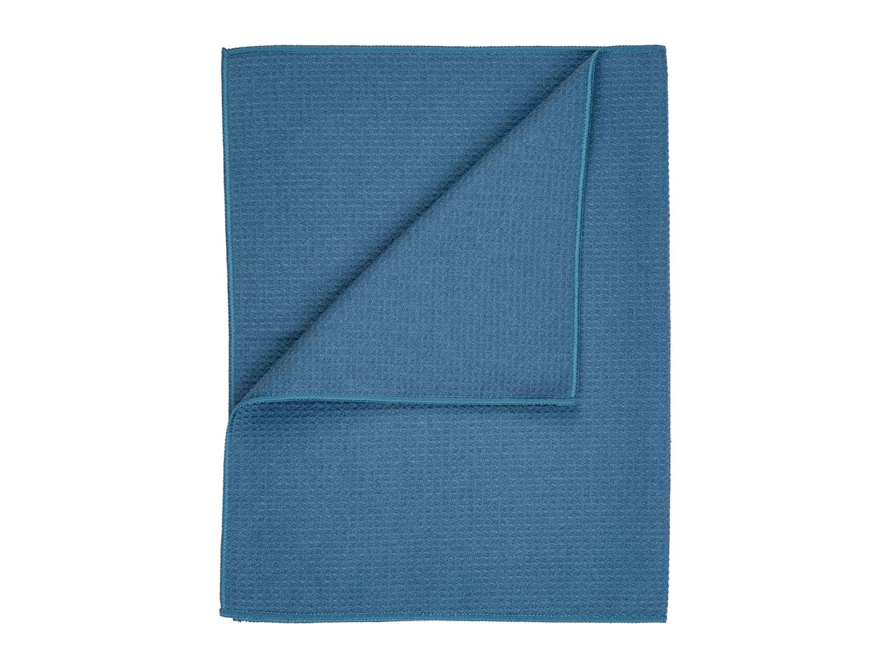 Folded blue microfiber cleaning cloth with a waffle texture