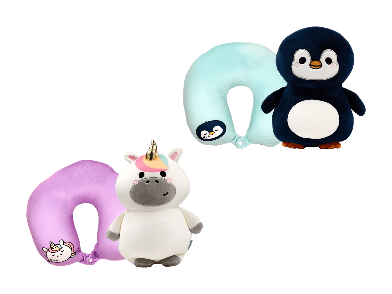 U-förmige Reisekissen mit einem blauen Pinguin und einem weißen Einhorn.