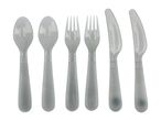 Six pieces of reusable plastic cutlery, including two spoons, two forks, and two knives.