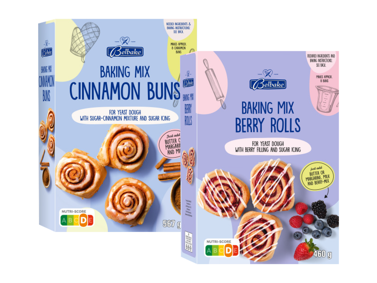 Divi Belbake cepšanas maisījumu iepakojumi: kanēļa un ogu rullīši.