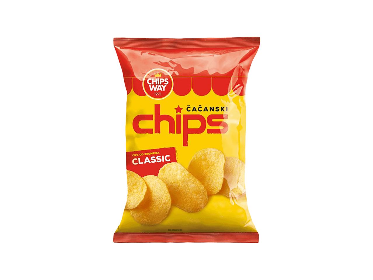 Kesica čipsa sa natpisom 'Chips Way' i 'Classic' na žutoj pozadini.