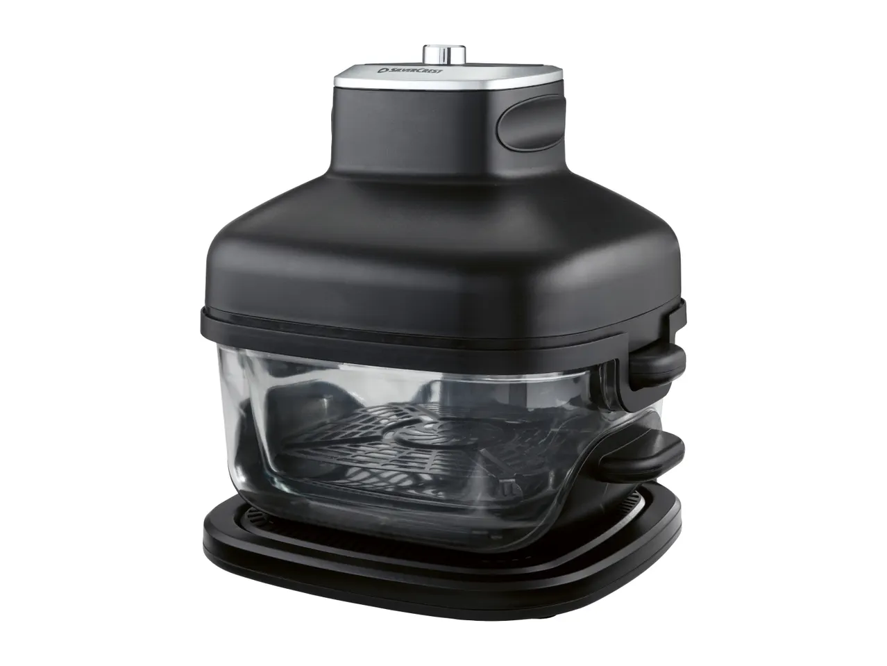 Black air fryer with a transparent cooking basket and a silver top accent.
