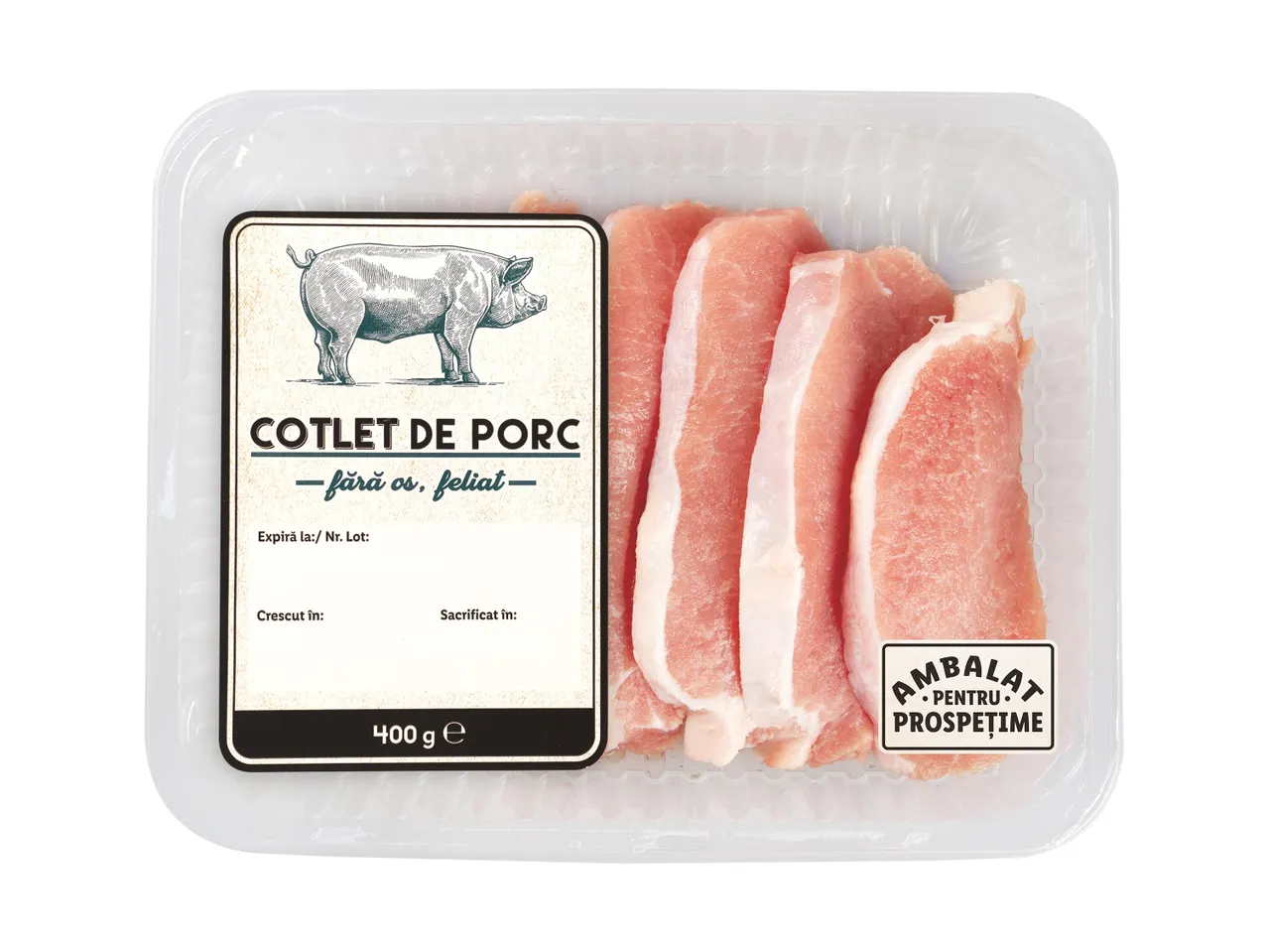 400 g cotlet de porc fără os, feliat, ambalate la plastic.