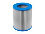 A cylindrical pool filter cartridge with blue plastic caps on both ends and pleated white filter material.