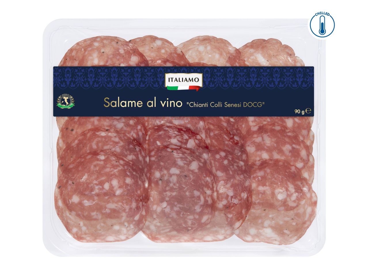 Packaged Italian salami slices with a label indicating 'Salame al vino' and 'Chianti Colli Senesi DOCG'.