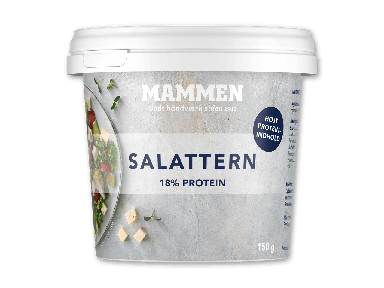 Hvid beholder med salattern, 18% protein, og et billede af en salat.