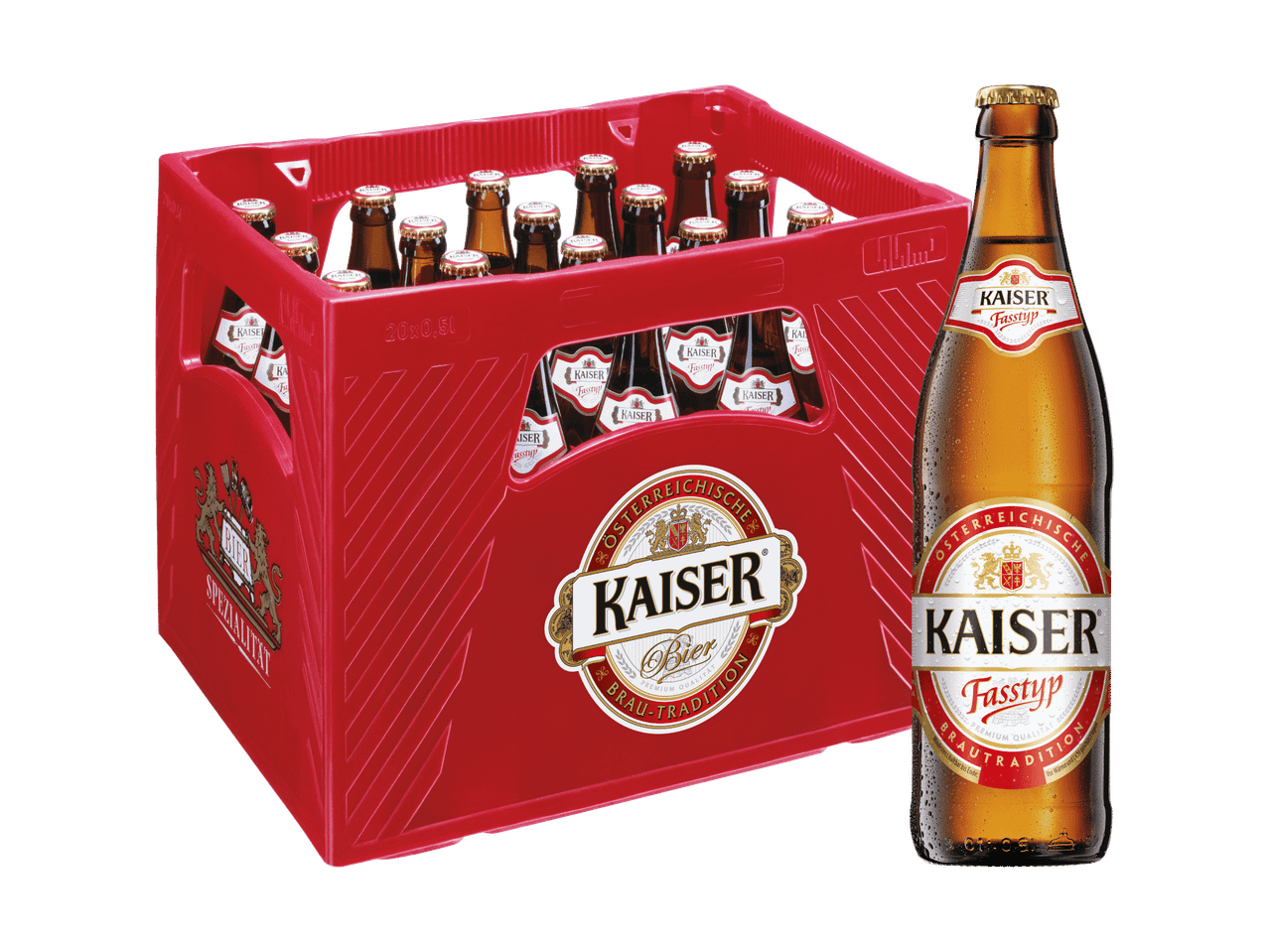 Kaiser Bierkasten mit 20 Flaschen Kaiser Fassbier und einer einzelnen Flasche