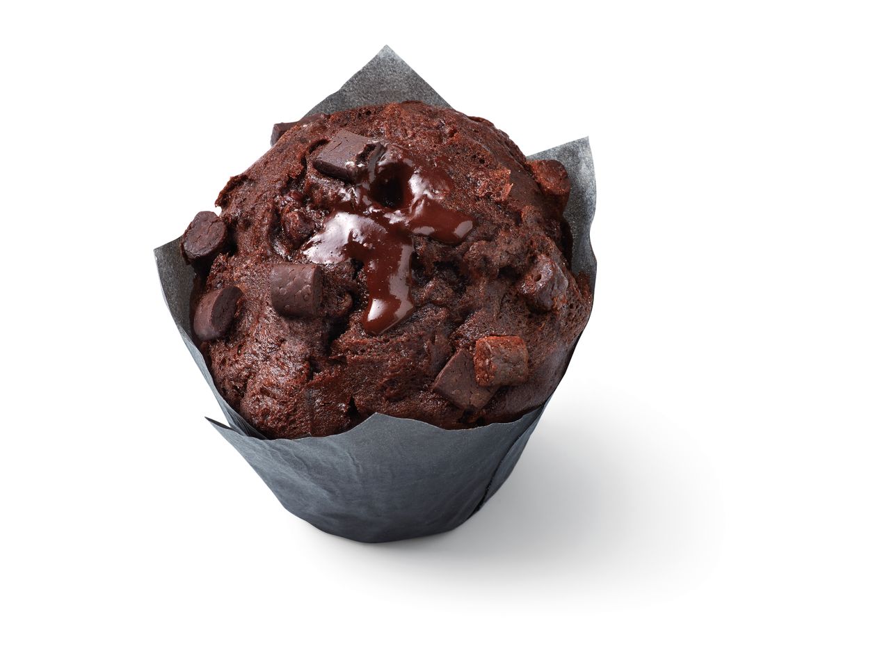 Chocolate muffin with chocolate chips.