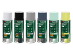 Šest limenki laka u spreju u boji, uključujući bijelu, crnu, srebrno sivu, ugljen, svijetlu tirkiznu i zelenu.