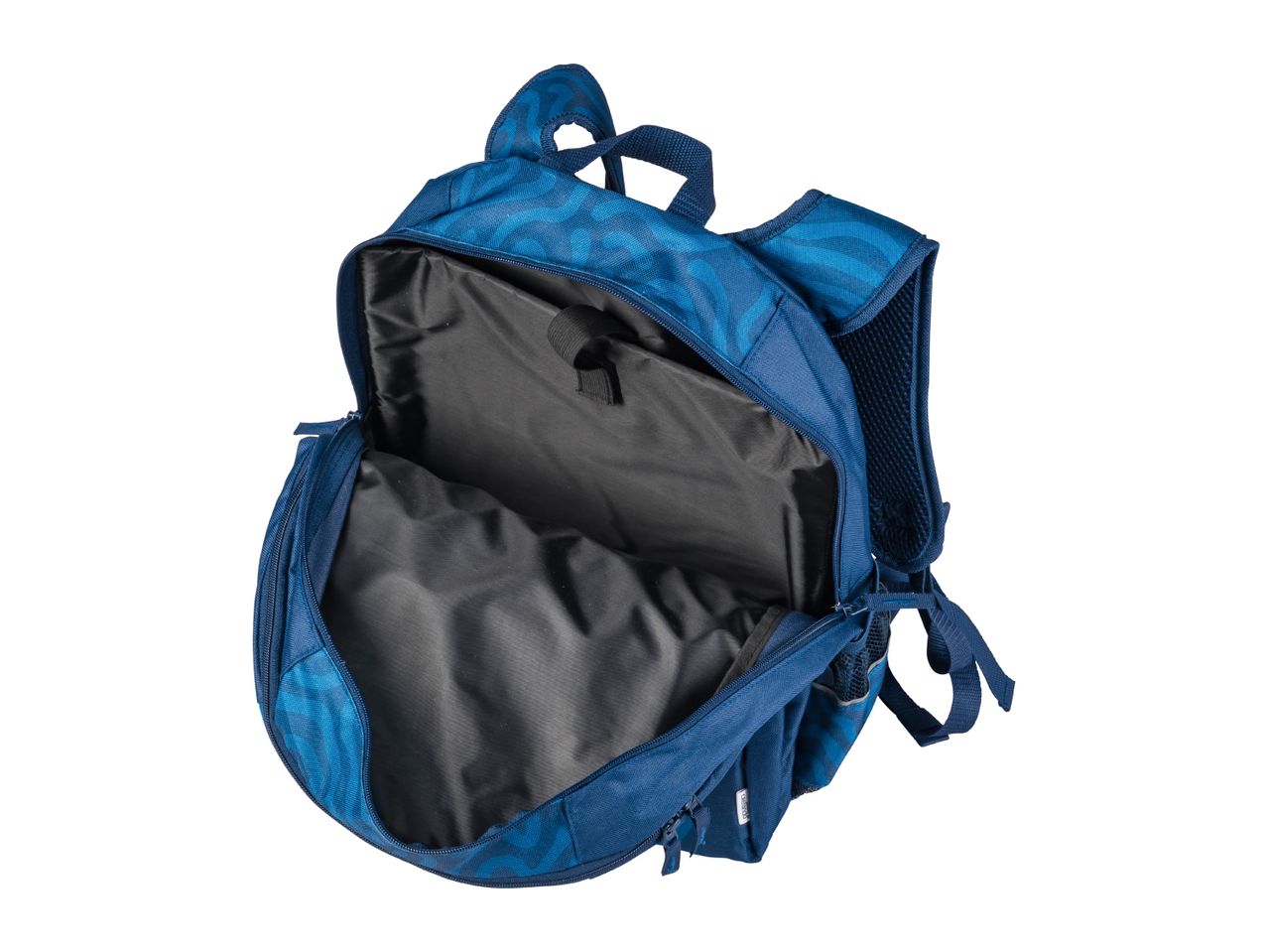 An open blue backpack with a wave pattern, showing its empty interior.
