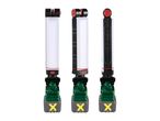 Three views of a cordless LED work light with a green base and yellow X marks.