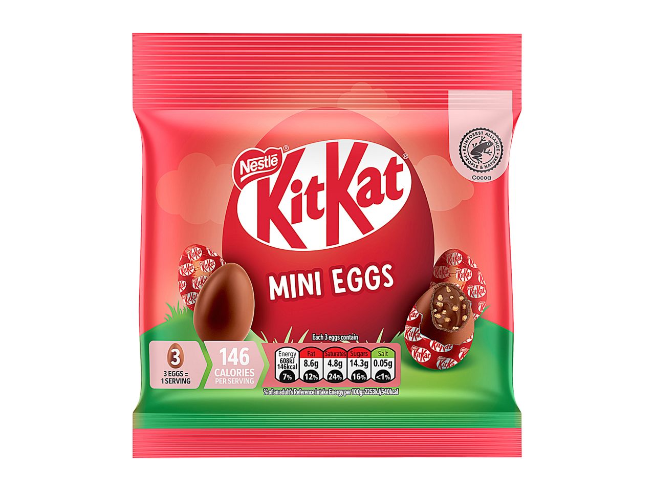 A bag of mini chocolate eggs with nutritional information and a Rainforest Alliance logo.