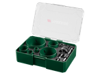 Parkside® Bi-Metal Hole Saw Set in a green case with a clear lid.