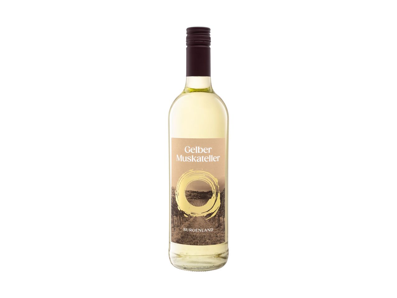Eine Flasche Gelber Muskateller Wein mit einem Etikett, das eine Weinlandschaft zeigt