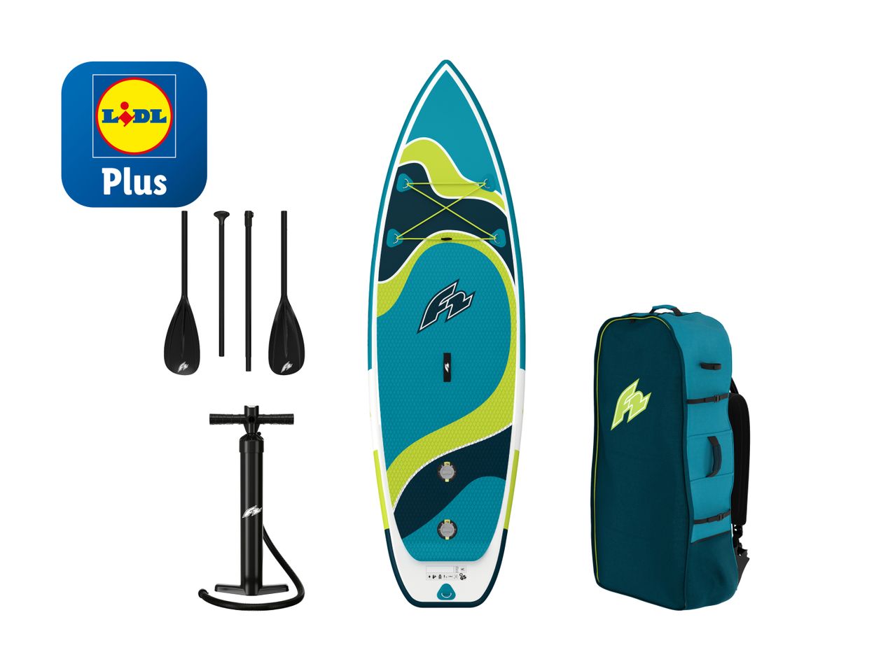Lidl Plus aufblasbares SUP-Board mit Paddel, Pumpe und Tasche.
