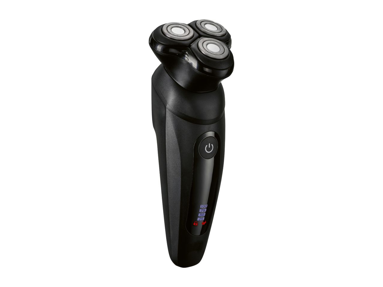 Black electric shaver with three rotary blades, a power button, and a battery indicator.