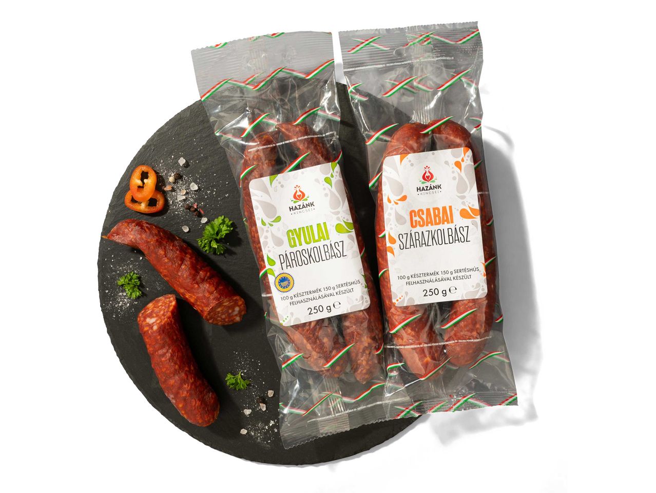 Hazánk Kincses Gyulai és Csabai kolbász, csomagolva.