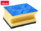 Vileda sponge with blue scrubbing surface and yellow scouring pad.