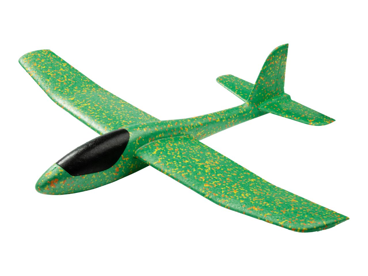 Green foam glider airplane toy with orange and yellow speckles and a black cockpit.