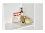 Clear storage bin with Crownfield quinoa, Vita D'or olive oil, olives, and baby food jars.
