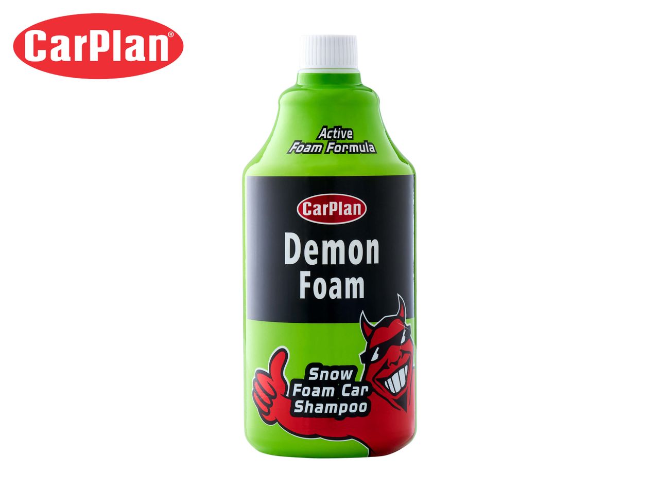 Green bottle of active foam car shampoo with a devil graphic.