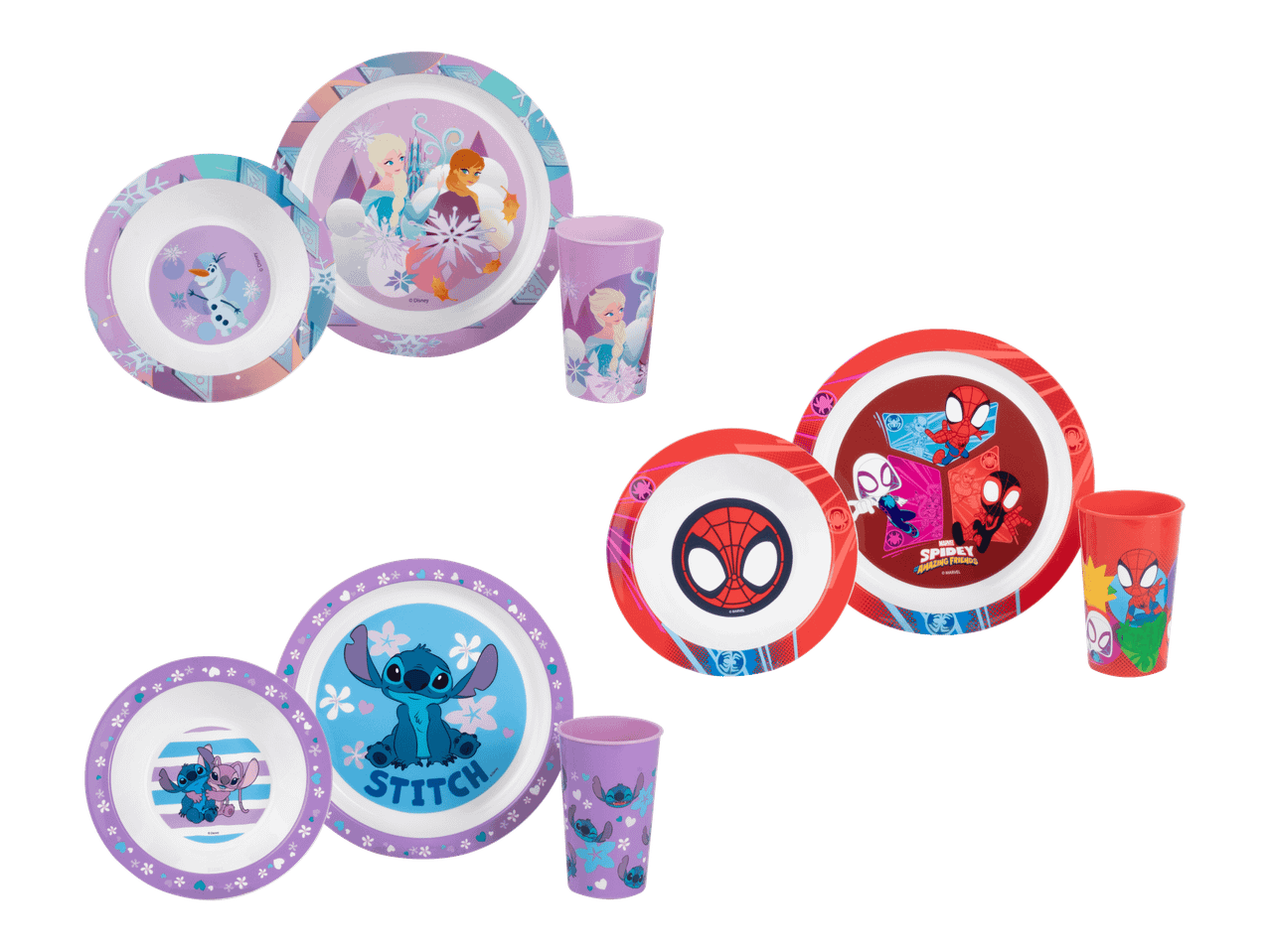 Disney Frozen, Spider-Man ja Stitch -teemaiset lasten ruokailusettiä.