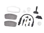A steam cleaner accessory kit with various cleaning tools and filters.