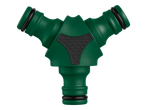 Green three-way hose splitter with black rubber grips and seals.