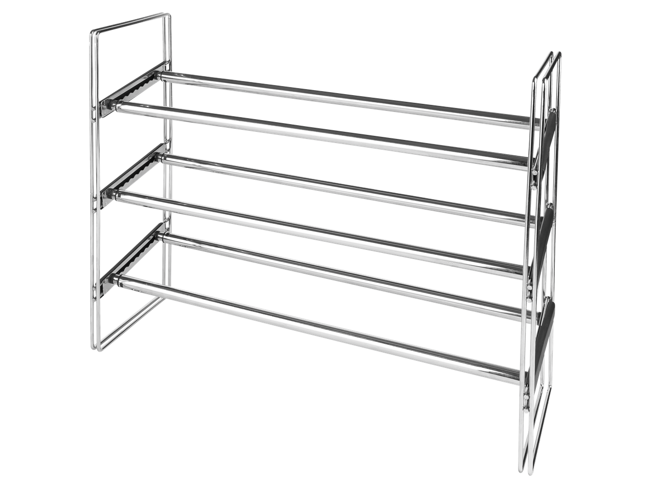 Sidabrinė, metalinė Livarno Home batų lentyna su keturiais lygiais.