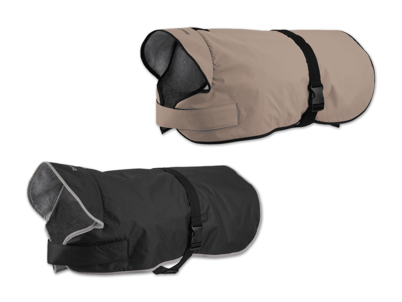Zwei Hundemäntel in Beige und Schwarz, mit Fleece-Futter und verstellbaren Gurten