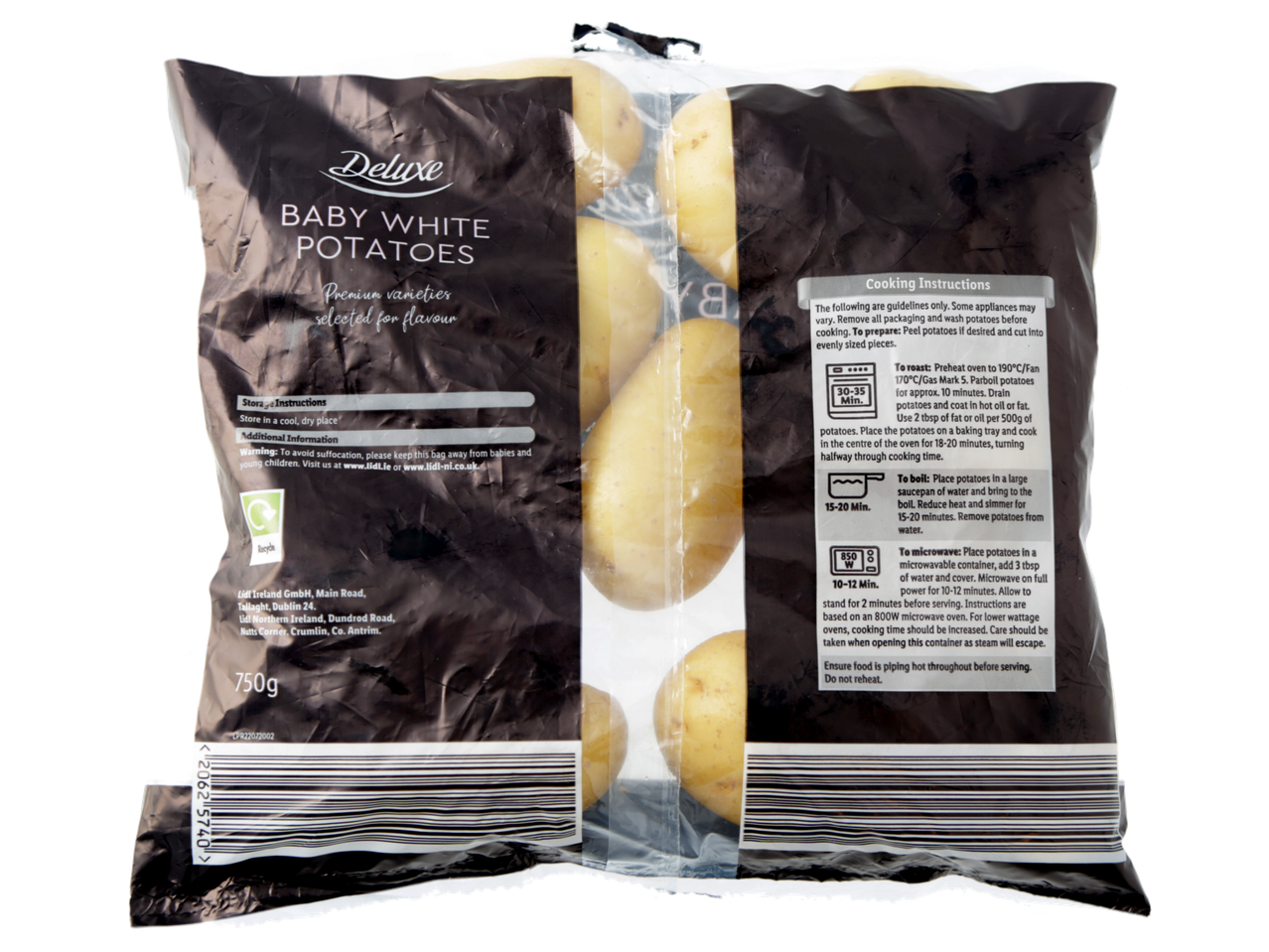 Deluxe Irish Premium Baby Potatoes in packaging with cooking instructions.