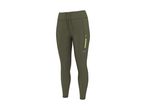 Olive green women's sports leggings with a side pocket and drawstring waist.