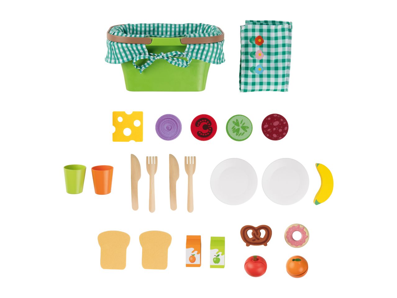 A toy picnic basket with a green and white checkered liner, matching blanket, play food, and dishes.