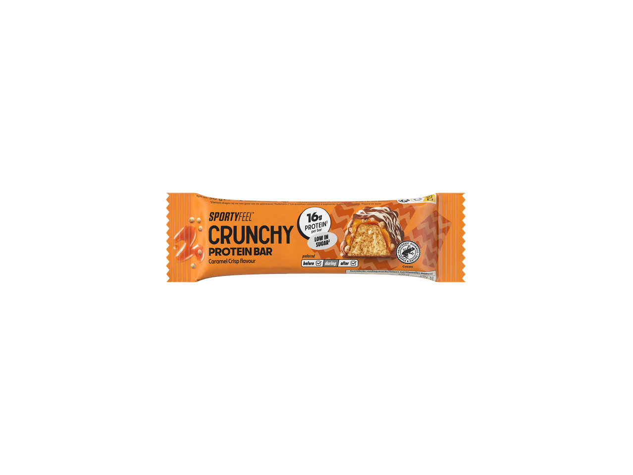 Barre protéinée croquante Sportyfeel, saveur Caramel Crisp, avec 16g de protéines et faible en sucre.