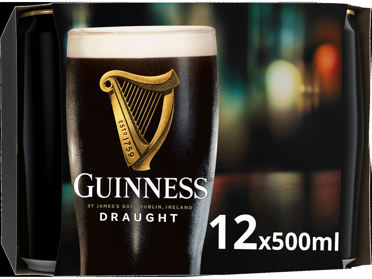 A 12-pack of dark beer cans, with one glass of beer prominently displayed, showing a harp logo and text 'DRAUGHT'.