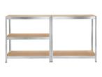 Two metal shelving units with light brown wooden shelves on a white background.