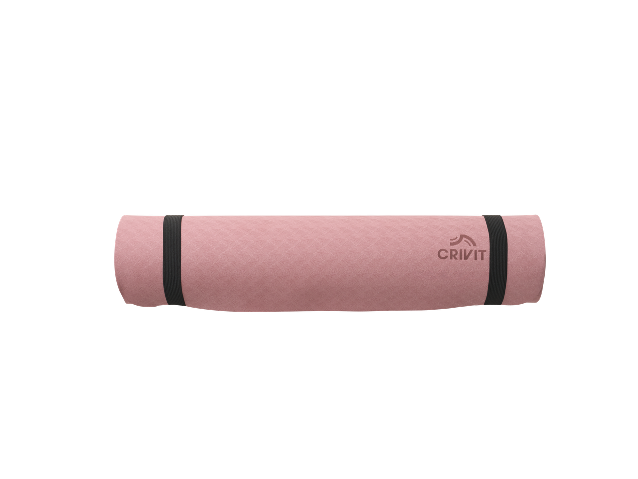 Tapete de yoga rosa CRIVIT com textura em relevo e alças de transporte pretas.