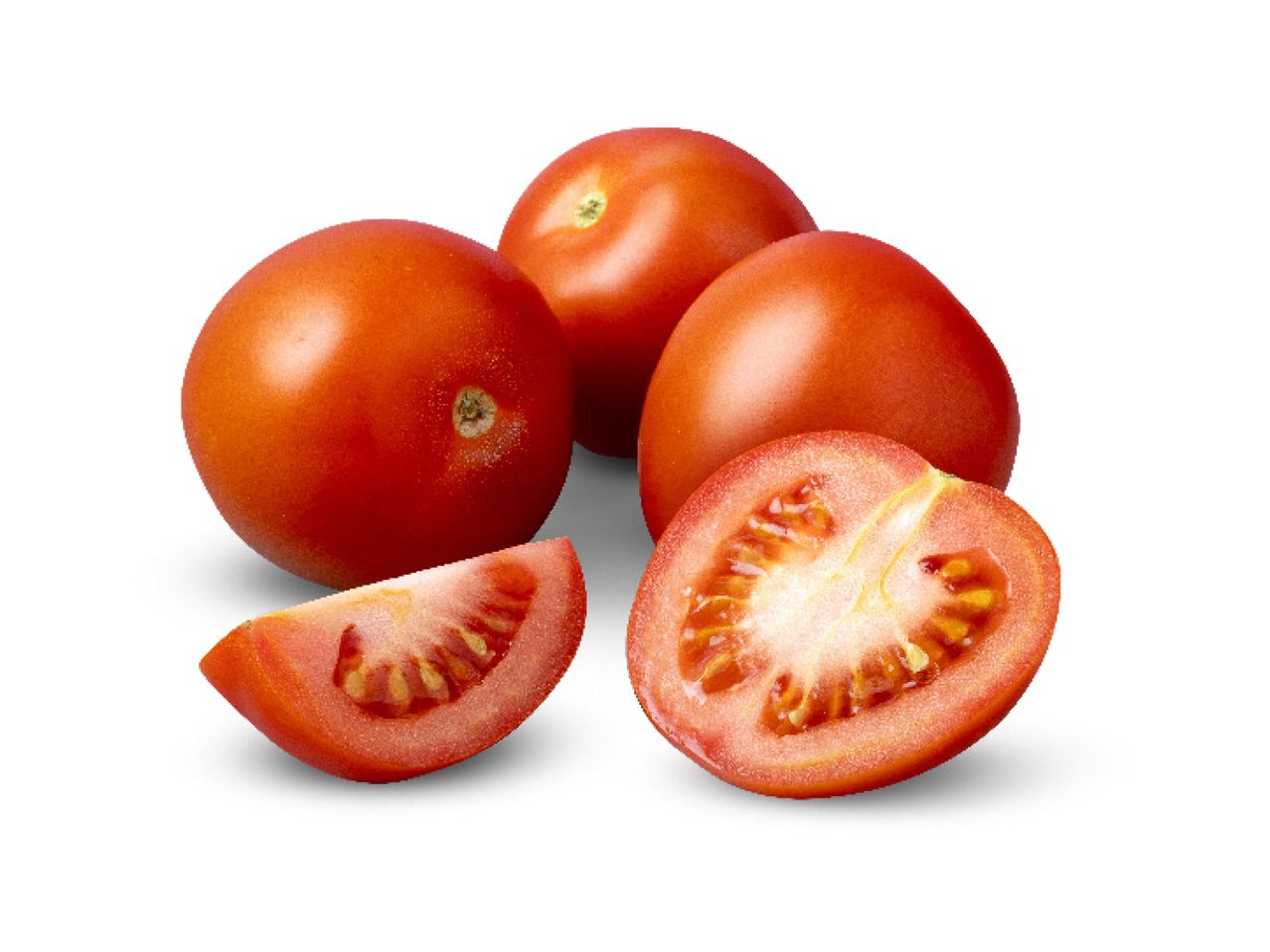 Four ripe red tomatoes, with two sliced to show the inside.