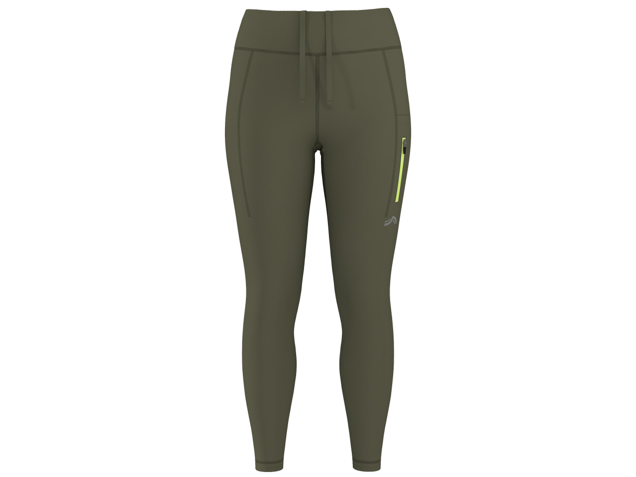 Khaki színű női sportnadrág sárga cipzárral és húzózsinórral.