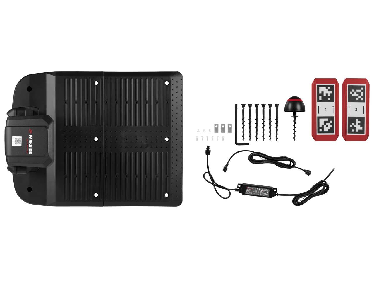 Докинг станция за робот косачка с аксесоари, включително захранващ адаптер и референтни маркери.