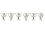 Six white LED light bulbs with screw bases in a row.