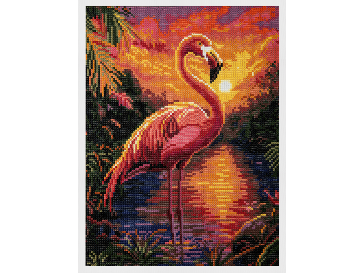 CRELANDO Teemantmaali komplekt: roosa flamingo päikeseloojangul palmipuudega.
