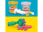 Play-Doh plasticina amarela e cinzenta, com ferramentas e plasticina vermelha.