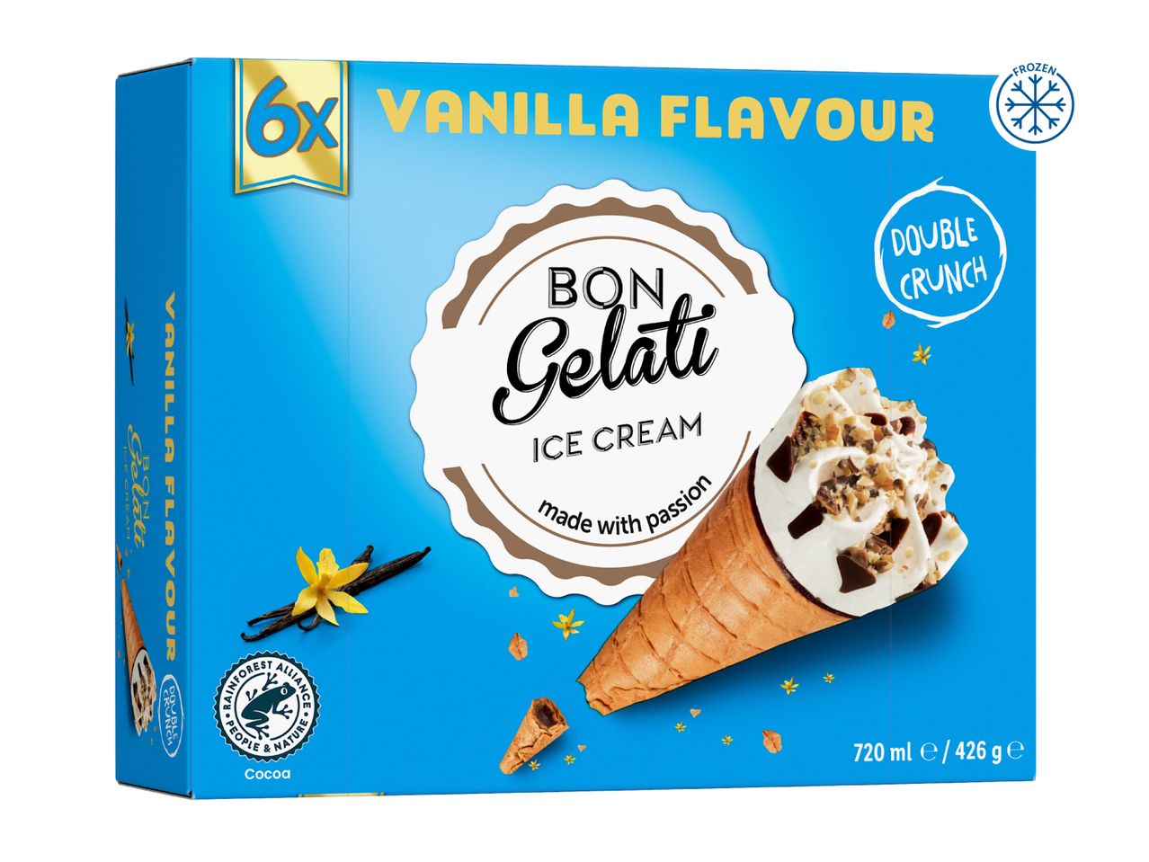 Box of 6 vanilla ice cream cones with double crunch, 720ml/426g.