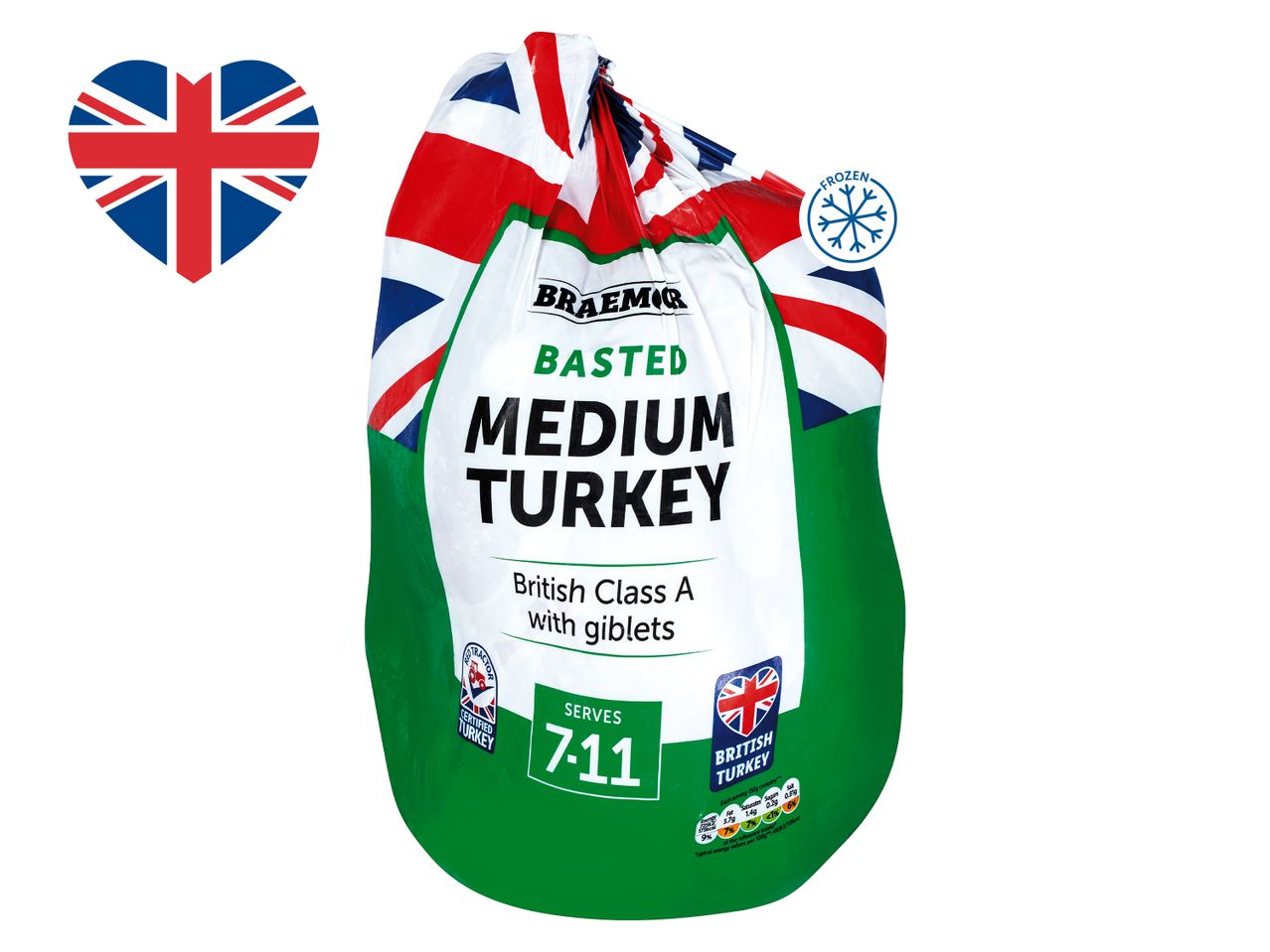 Braemoor Basted Medium British Class A Turkey with giblets, serves 7-11, frozen.