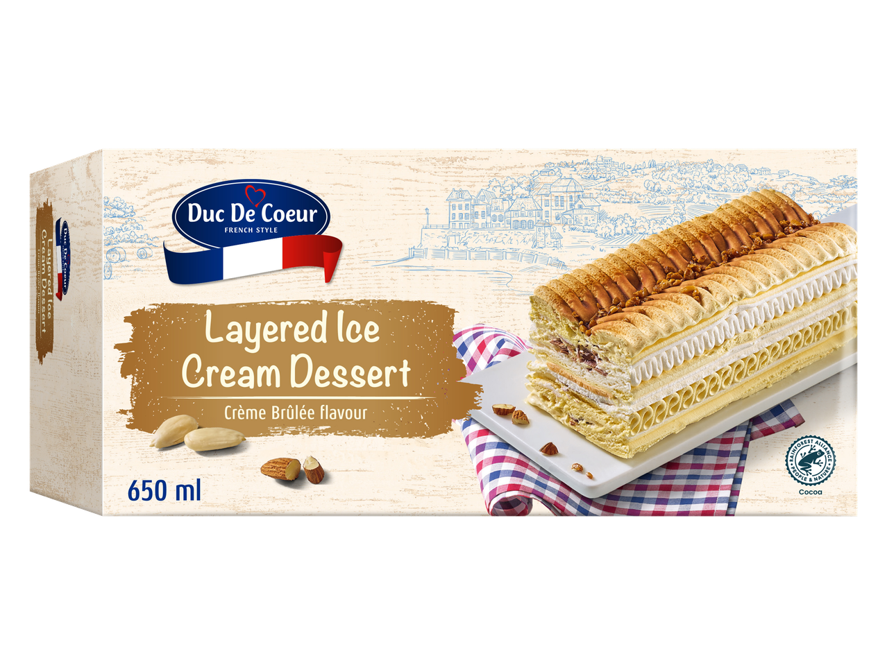 Desert înghețat stratificat Duc De Coeur Crème Brûlée în ambalaj de 650 ml.