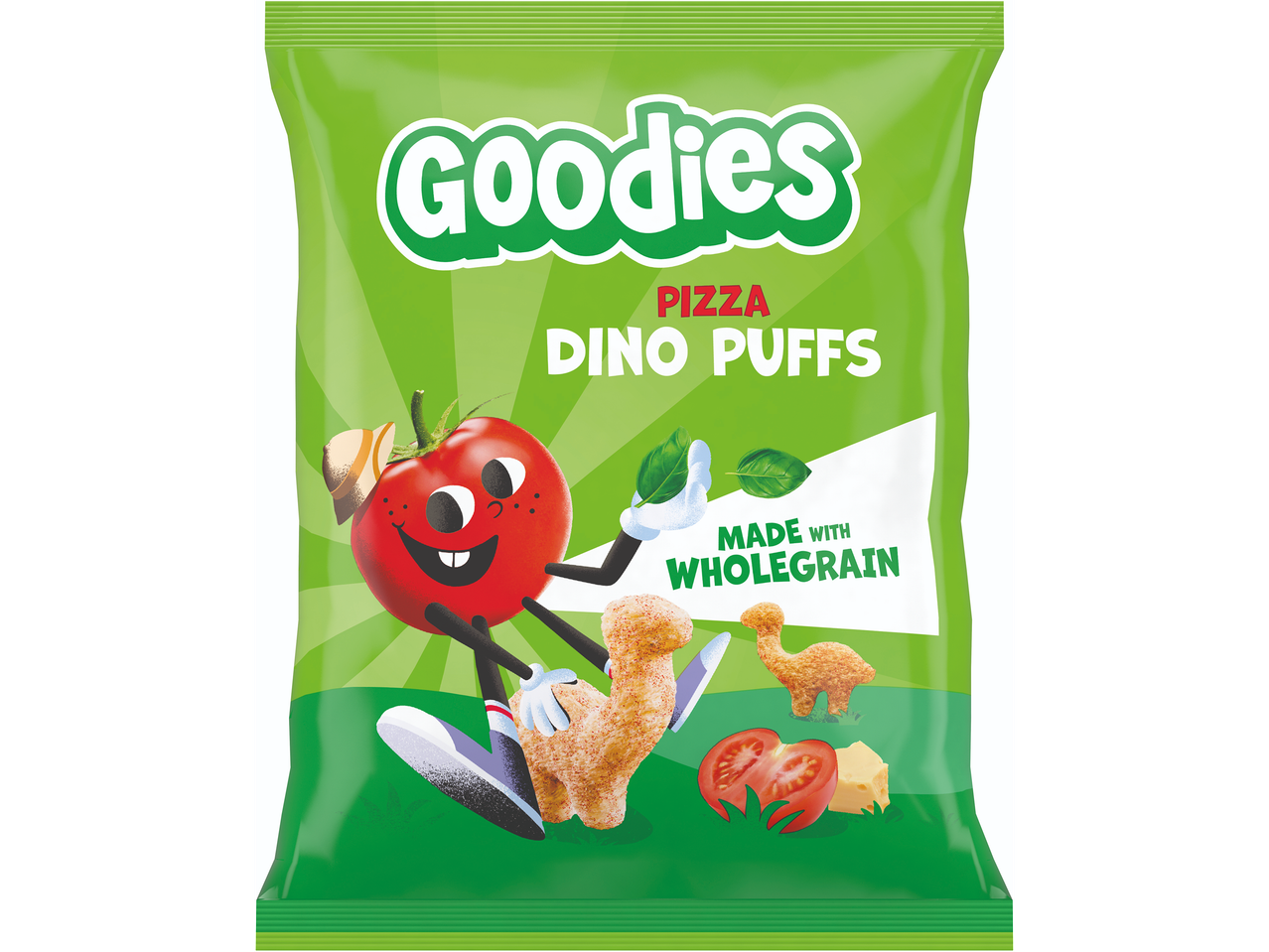 Saco verde de puffs de pizza em forma de dinossauro, com um tomate sorridente e ingredientes.