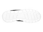 Bottom view of a black and white athletic shoe with a textured sole